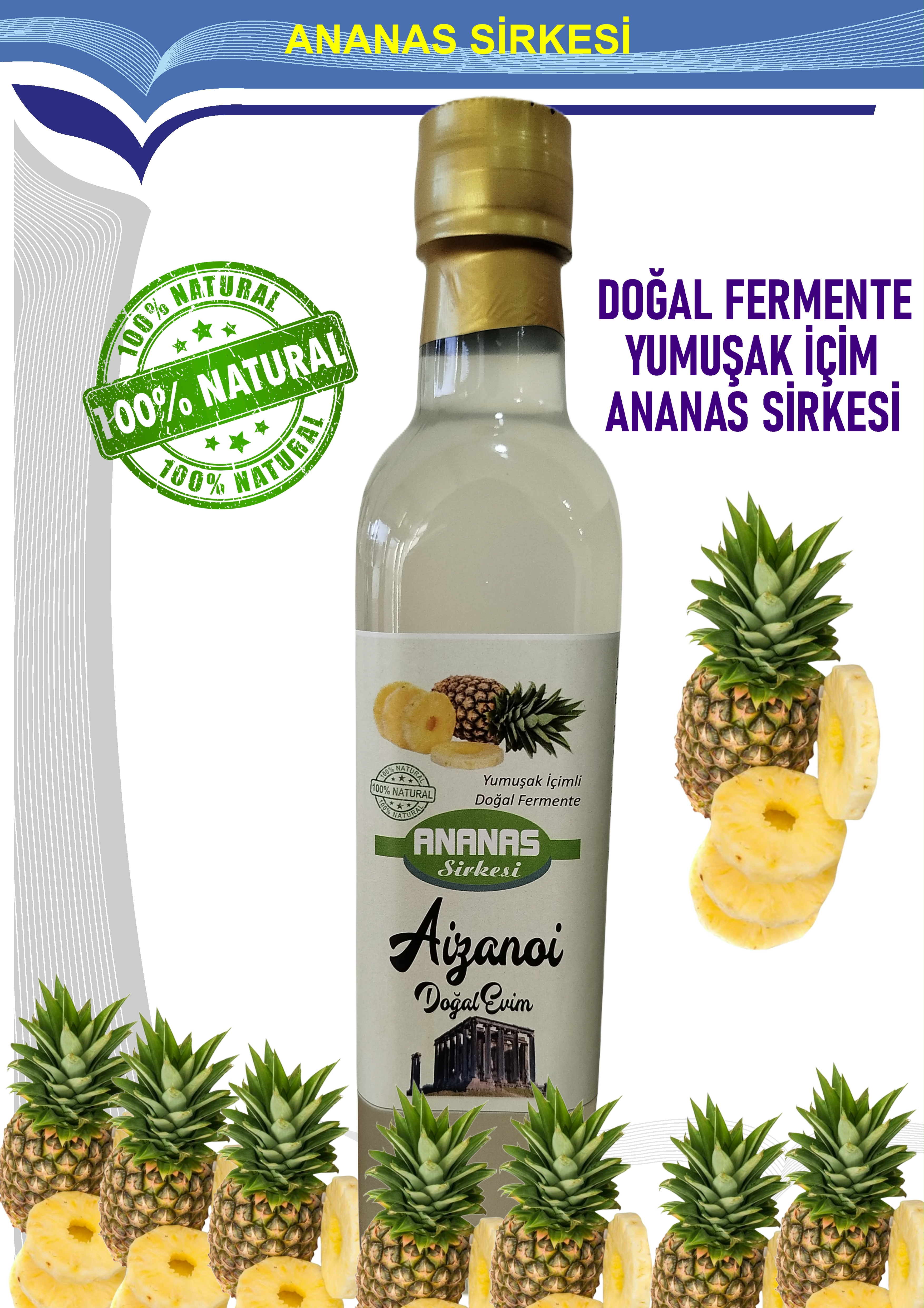 Ananas Sirkesi 500 ml | Doğal Fermente İçimlik Ananas Sirkesi | Katkısız Ham & Filtre Edilmemiş | Cam Şişe